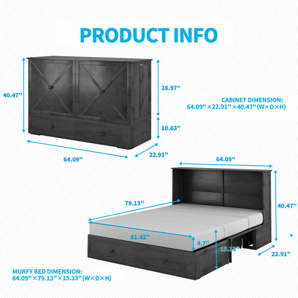 Queen Murphy Bed Cube Cabinet, Wood Murphy Bed Chest Bed With Drawer